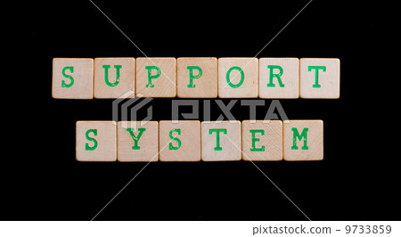 Green letters on old wooden blocks (support, system) 9733859