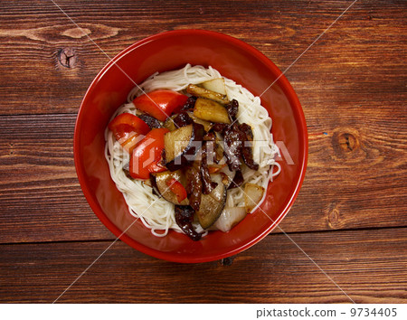 Chinese rice noodles with veal,eggplants 9734405