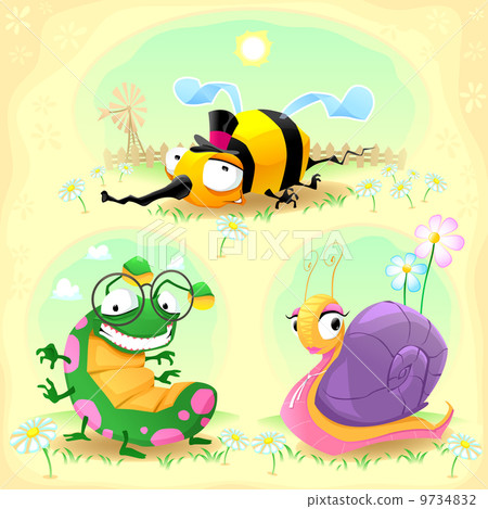 Two funny insects and one snail. with background. 9734832