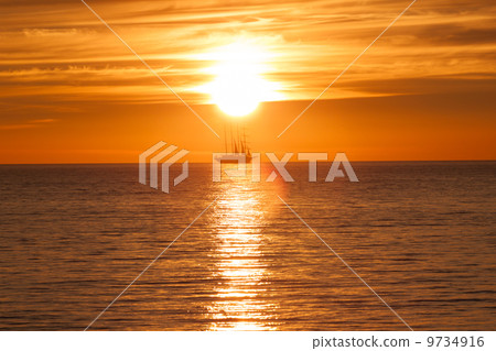 Sail ship silhouette at sea and sun Sail ship silhouette at sea and sun 9734916