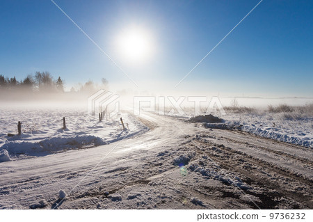 winter landscape at fog with road winter landscape at fog with road 9736232