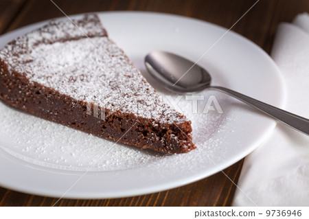 Chocolate Cake Slice on white dish 9736946
