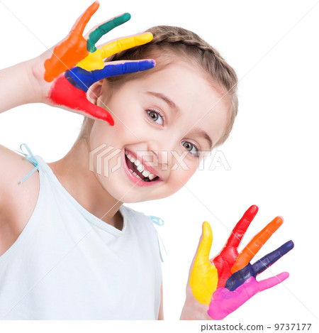 Happy pretty little girl with painted hands. Happy pretty little girl with painted hands. 9737177