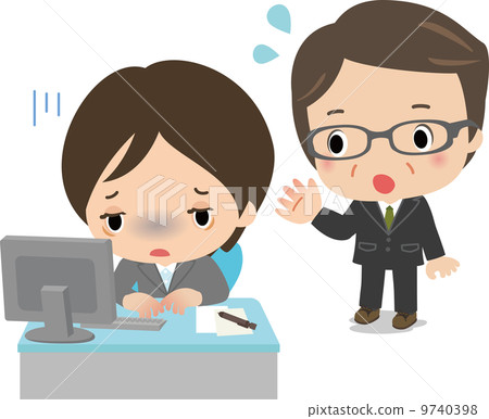 Middle-aged businessman worried about tired young business woman 9740398