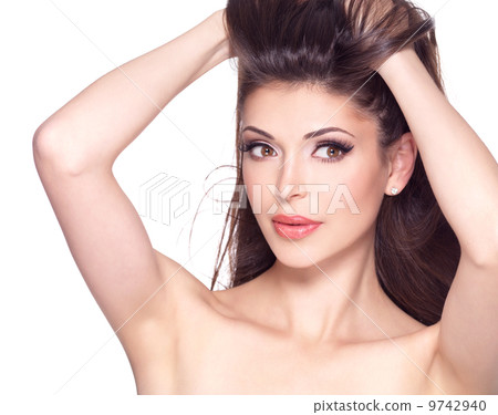 beautiful white pretty woman touching head 9742940