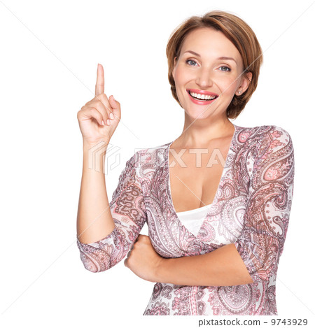 happy woman pointing up with her finger 9743929