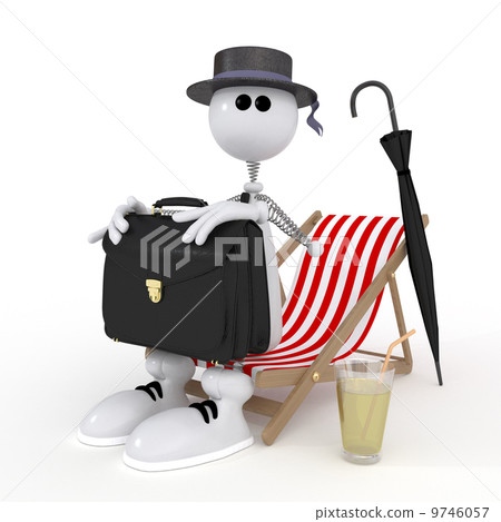 The 3D little businessman on a beach. 9746057