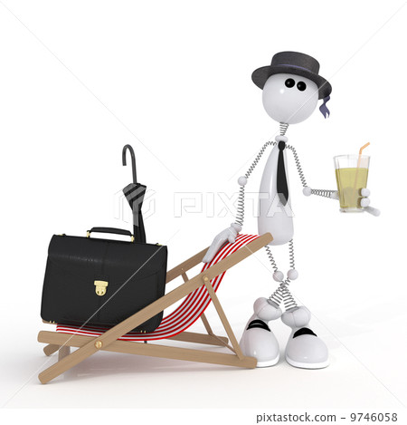 The 3D little businessman on a beach. 9746058