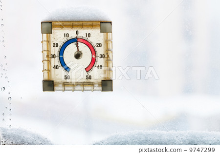 home window thermometer in thawing winter day 9747299