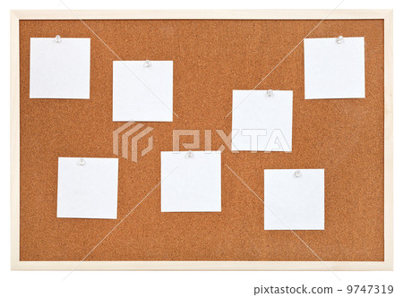 several sheets of paper on bulletin cork board several sheets of paper on bulletin cork board 9747319