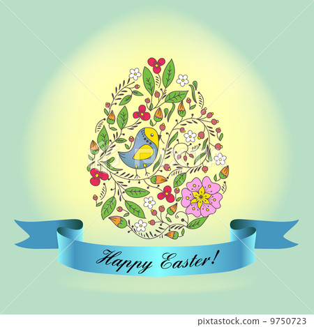 egg with a blue ribbon. Easter Greeting Card 9750723