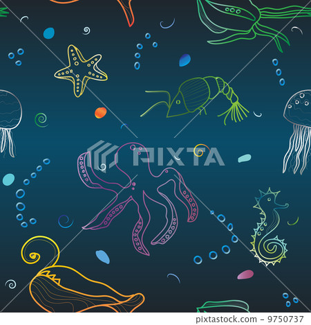 silhouettes of sea inhabitants. neon color 9750737