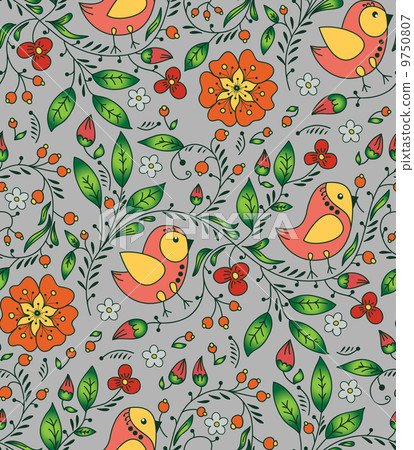 orange bird, plant and flower on gray background 9750807