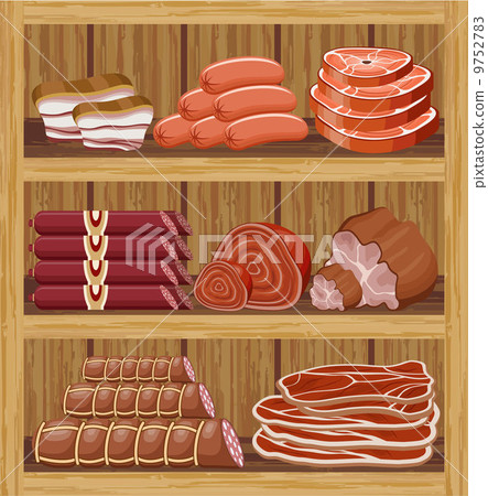 Shelfs with meat products. Meat market. Shelfs with meat products. Meat market. 9752783