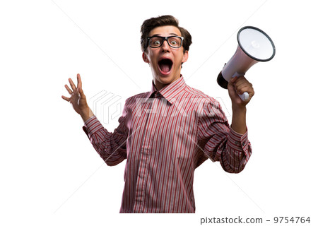 man yells into a megaphone man yells into a megaphone 9754764