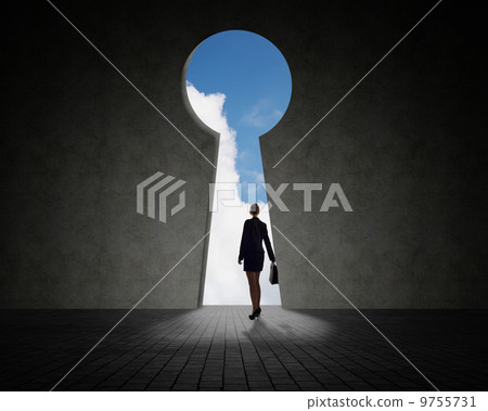 business woman standing near a hole in the wall business woman standing near a hole in the wall 9755731