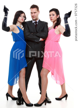man detective secret agent criminal with two women gun 9757326