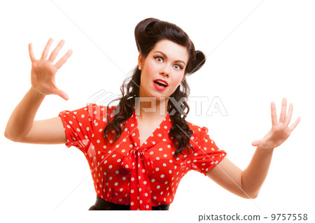 Portrait retro terrified woman in red screaming isolated. Fear. Portrait retro terrified woman in red screaming isolated. Fear. 9757558