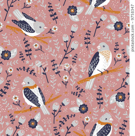 Beautiful birds and flower berries pattern 9758347