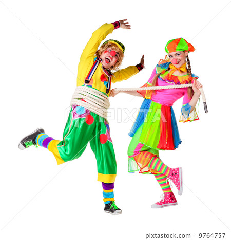 Two smiling clowns isolated over a white background 9764757