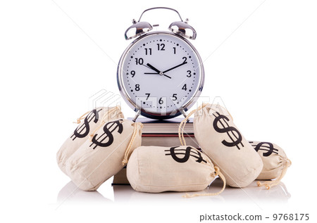 Sacks of money and alarm clock on white Sacks of money and alarm clock on white 9768175