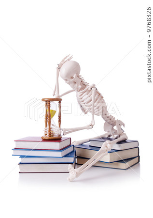 Skeleton reading books on white 9768326
