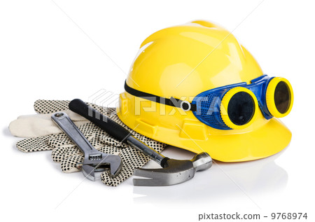 Helmet and tools isolated on white 9768974