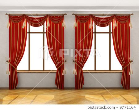 Interior with two big windows and red elegant portiere 9771164