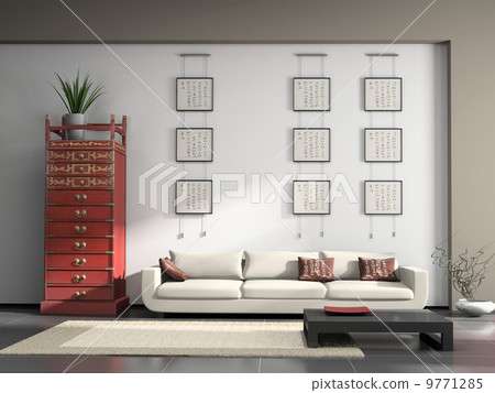 Home interior with Chinese furniture 3D rendering 9771285