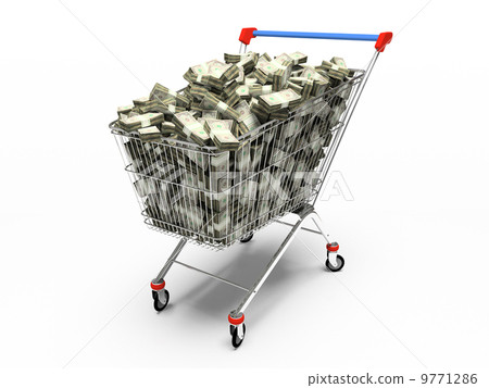 Shop pushcart with dollars 3D rendering Shop pushcart with dollars 3D rendering 9771286