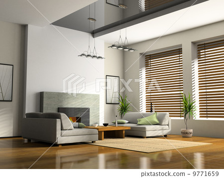 Home interior with fireplace and sofas 3D rendering Home interior with fireplace and sofas 3D rendering 9771659