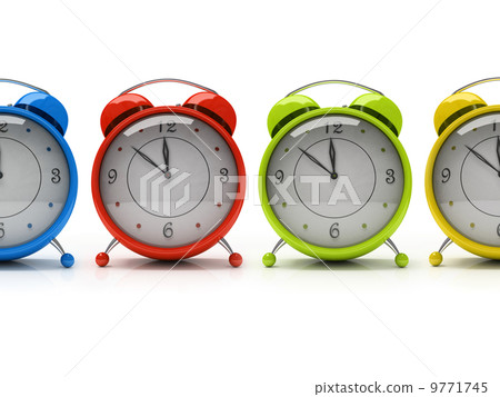 Four colourful alarm clocks isolated on white background 3D 9771745