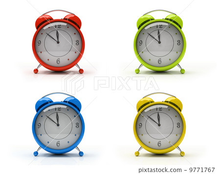 Four colourful alarm clocks isolated on white background 3D 9771767