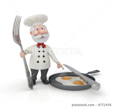 The 3D cook with a fork and fried eggs. 9772456