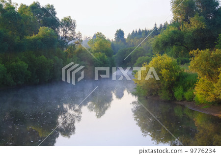 summer landscape with sunrise by the river and fog summer landscape with sunrise by the river and fog 9776234