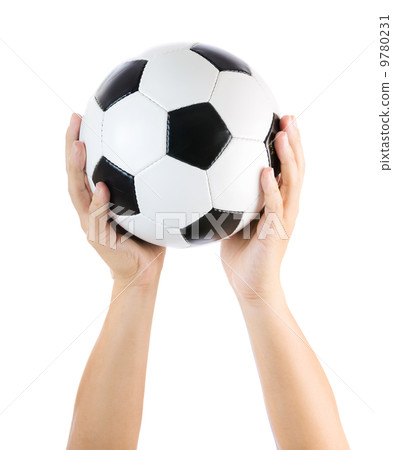 Hands holding soccer ball up isolated on white Hands holding soccer ball up isolated on white 9780231