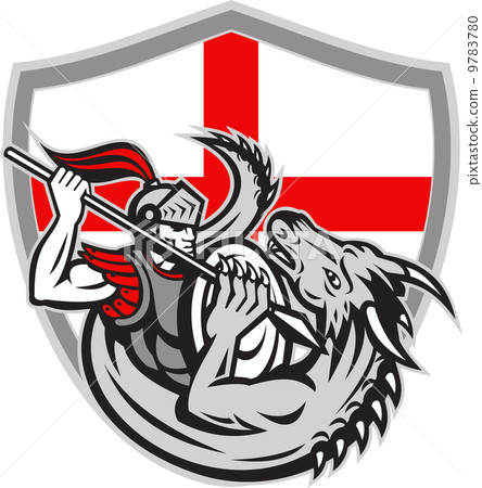 English Knight Fighting Dragon England Flag Shield Retro 9783780
