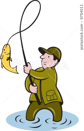 fisherman fly fishing reeling fish fisherman fly fishing reeling fish 9784011