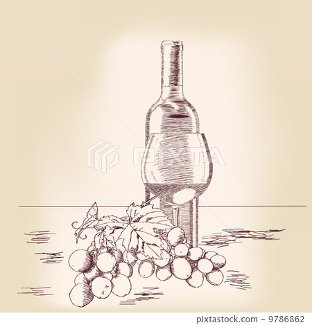 Bottle of wine and glass with grapes. Illustration 9786862