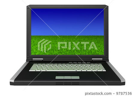 3d black laptop with grass and sky on screen isolated on white background 9787536