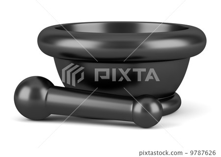 modern black metallic mortar with pestle isolated on white background modern black metallic mortar with pestle isolated on white background 9787626