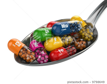 Dietary supplements. Variety pills. Vitamin capsules on the spoo 9798649