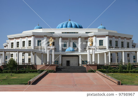 Palace with columns and blue domes. Ashkhabad. Turkmenistan.. 9798967