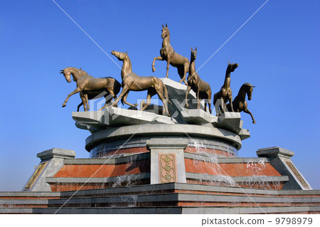 Sculptural composition to fast horses. Ashkhabad. Turkmenistan. Sculptural composition to fast horses. Ashkhabad. Turkmenistan. 9798979