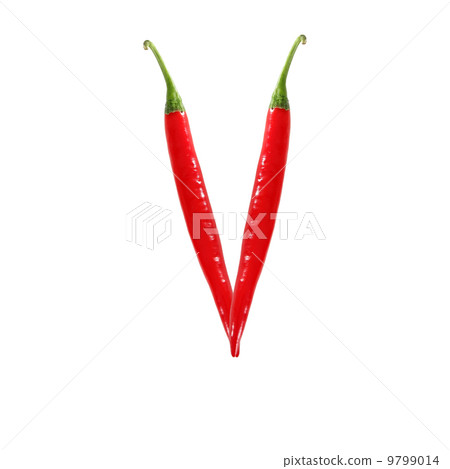 Font made of hot red chili pepper isolated on white - letter V Font made of hot red chili pepper isolated on white - letter V 9799014