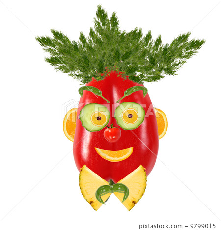 Smiling man portrait made of vegetables and fruits Smiling man portrait made of vegetables and fruits 9799015