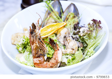 seafood salad on a white background in the restaurant seafood salad on a white background in the restaurant 9799653