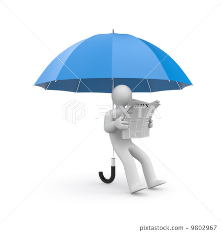 Person reads newspaper huddled under umbrella 9802967