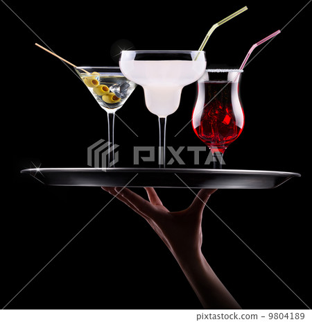 alcohol cocktail set on a waiter tray 9804189