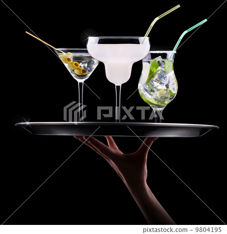 alcohol cocktail set on a waiter tray 9804195